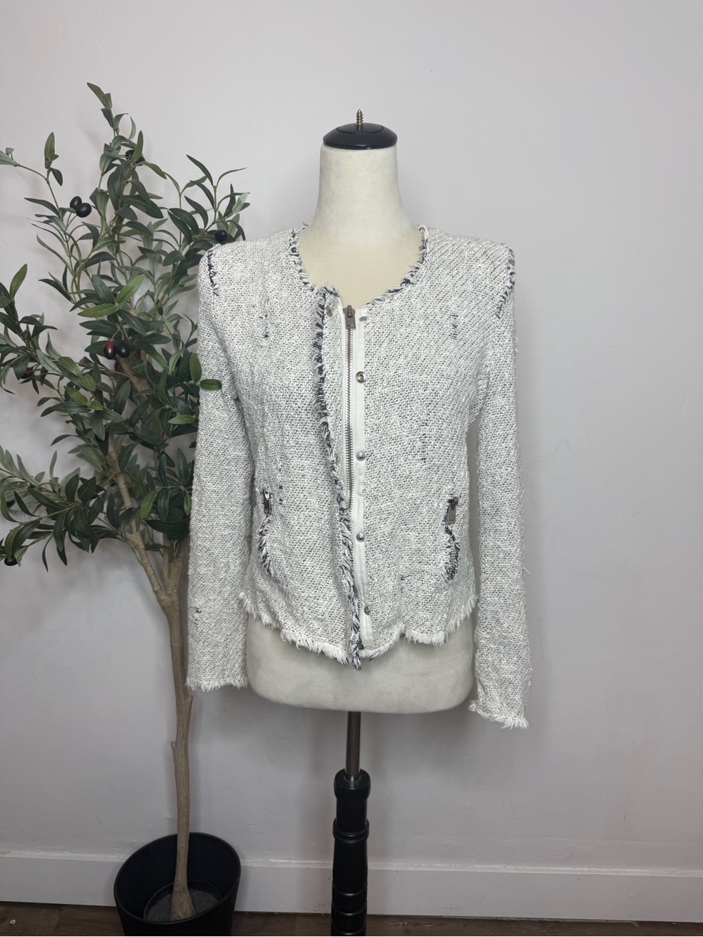 IRO White Tweed Fringed Zip-Front Jacket